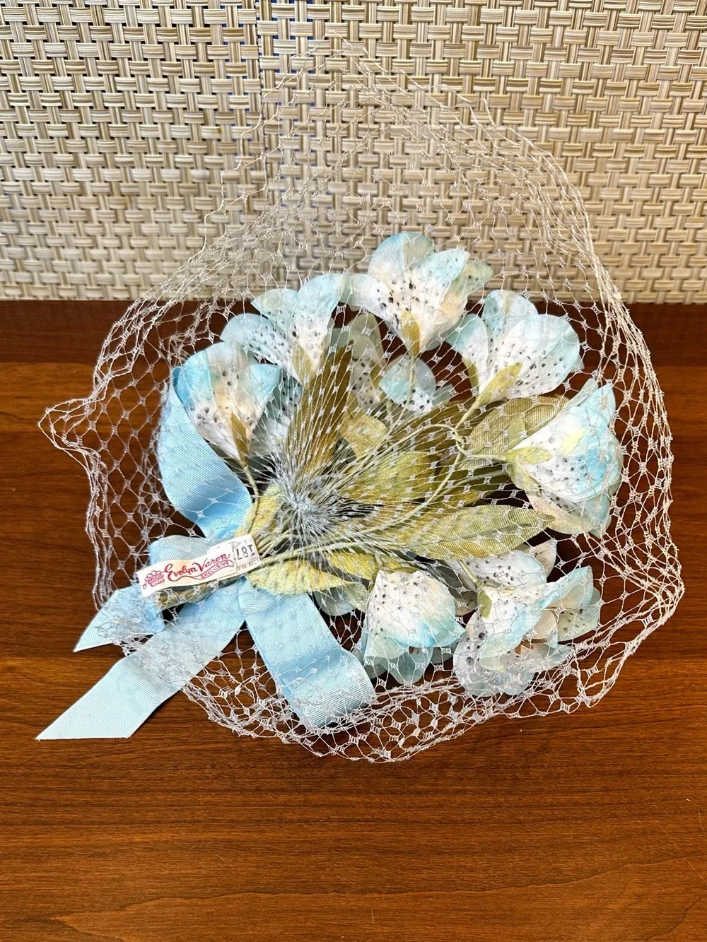 VTG 1950s Evelyn Varon Exclusive Floral Fascinator Hat Blue Lily Birdcage Veil - Picture 9 of 9